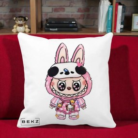 Perna Personalizata Labubu Panda-Bunny Roz, 40x40 cm, Alba Mata, Husa Detasabila, Perna Inclusa, BEKZ®