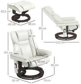 HOMCOM Fotoliu de relaxare cu funcție de masaj și taburet, scaun de dormit, piele ecologică, 79 x 82 x 101 cm, alb-crem | Aosom Romania