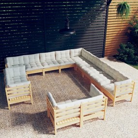 3096959 vidaXL Set mobilier grădină cu perne crem, 13 piese, lemn masiv de pin
