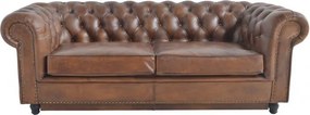 Canapea extensibilă 3 locuri Chesterfield din piele naturală cognac, cu pat pliant și ținte decorative, 102 x 220 x 102 cm, „Hargreaves”