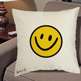 Perna Decorativa Smiley Face Galben Clasic, 40x40 cm, Ecru, Husa Detasabila, Perna Inclusa, BEKZ®