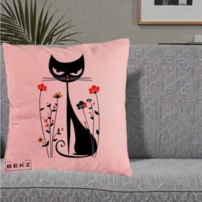 Perna Decorativa Pisica Neagra Grafica Flori Rosii, 40x40 cm, Roz, Husa Detasabila, Perna Inclusa, BEKZ®