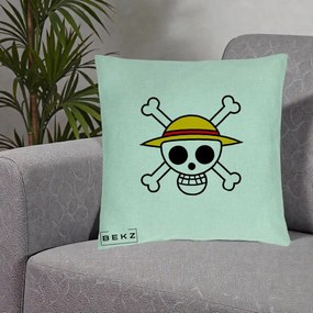 Perna Personalizata One Piece Jolly Roger Straw Hat Pirates, 40x40 cm, Verde Menta, Husa Detasabila, Perna Inclusa, BEKZ®