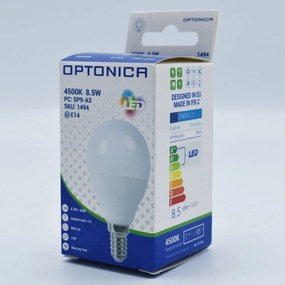Bec LED sferic 8.5W(54W) Optonica, E14, G45, 800 lm, lumina neutra (4500K), opal, clasa energetica F