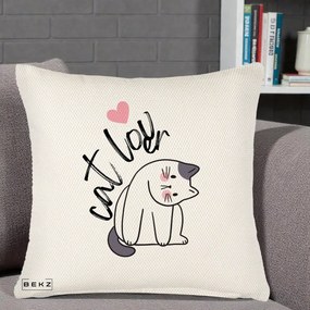 Perna Personalizata Cat Lover Pisica Ilustratie Linie, 40x40 cm, Crem Reliefat, Husa Detasabila, Perna Inclusa, BEKZ®