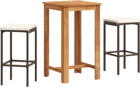 vidaXL Set bar de grădină, 3 piese, maro, lemn masiv acacia/ poliratan