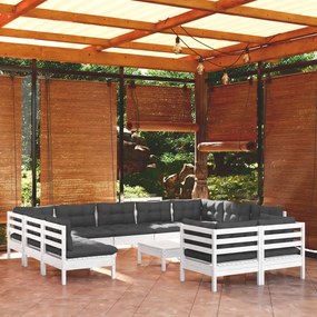 vidaXL Set mobilier grădină cu perne, 12 piese, alb, lemn masiv pin