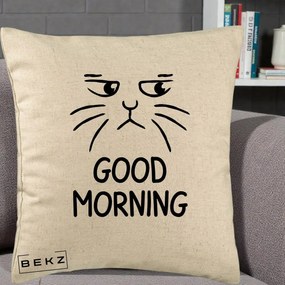 Perna Decorativa Pisica Morocanoasa Good Morning, 40x40 cm, Bej, Husa Detasabila, Perna Inclusa, BEKZ®