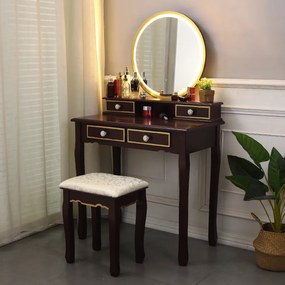 Set Olivia, Masă de toaletă pentru machiaj cu oglindă iluminată LED, 4 sertare, scaun, Maro
