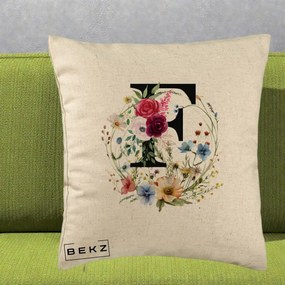 Cadou Personalizat - Perna Personalizata Monogram Litera F cu Flori Acuarela, 40x40 cm, Bej, Husa Detasabila, Perna Inclusa, BEKZ®