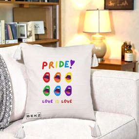 Perna Personalizata Pride Love is Love Curcubeu, 40x40 cm, Bej cu Franjuri, Husa Detasabila, Perna Inclusa, BEKZ®