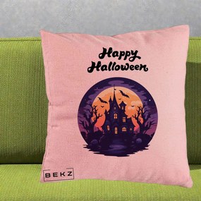 Perna Decorativa Happy Halloween Casa Bantuita Violet, 40x40 cm, Roz, Husa Detasabila, Perna Inclusa, BEKZ®