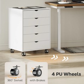 HOMCOM Dulap pentru birou cu 5 sertare pentru documente A3, pe roți și cu încuietoare, 50x40x67.5 cm, alb | Aosom Romania