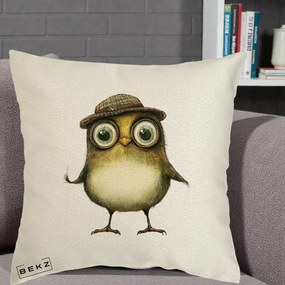 Perna Decorativa Pui Intelectual cu Palarie Tweed, 40x40 cm, Ecru, Husa Detasabila, Perna Inclusa, BEKZ®