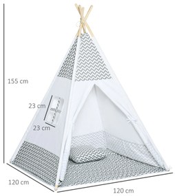 HOMCOM Cort Teepee Indian Cort de joacă pentru Copii în Stil Grafic - dim. 1,2L x 1,2l x 1,55H m - Ușă închisă Fereastră Covor Pernă Geantă Transport Inclusă - la Interior și Exterior Gri Alb | Aosom Romania