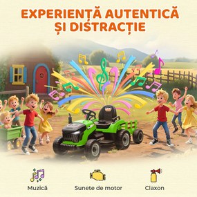 AIYAPLAY Tractor Electric 2 în 1 pentru Copii 3-8 Ani 12V cu Remorcă Detașabilă, Mașină Electrică pentru Copii cu Telecomandă, Centură de Siguranță, Muzică, Lumini LED și Claxon, Verde | Aosom Romania