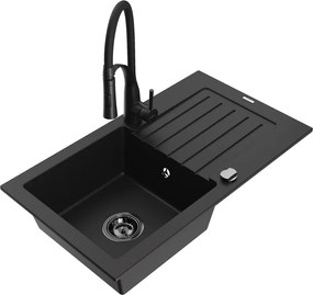 Mexen Pablo chiuvetă de granit cu 1 compartiment, cu picurător și baterie de bucătărie Aster, negru - 6510-77-73450-70-B