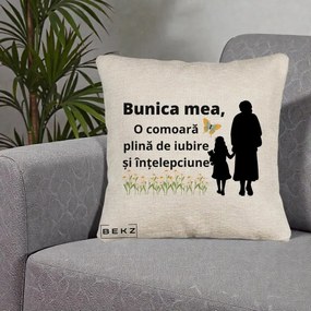 Cadou pentru Bunica - Perna Personalizata Bunica Mea Comoara Iubire Intelepciune Varianta Extinsa, 40x40 cm, Bej Canapea, Husa Detasabila, Perna Inclusa, BEKZ®
