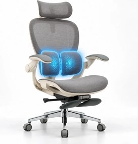 Scaun ergonomic MORATTI D5, Suport lombar dual 360°, Tetieră 4D, Șezut Zero-Pressure Frameless Mesh, Cotiere Flip-Back 4 poziții, Reclinare 135°, Suport picioare, Gri