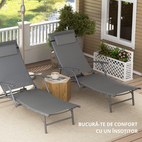 Outsunny Set de 2 Șezlonguri Pliante, Ajustabile în 4 Poziții cu Cotiere și Perne, 64x154x87 cm, Gri | Aosom Romania