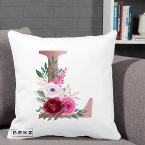 Cadou Personalizat - Perna Personalizata Monograma Rose Gold Litera L, 40x40 cm, Alba Mata, Husa Detasabila, Perna Inclusa, BEKZ®