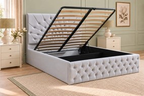 Pat tapițat Chesterfield din catifea Venezia 160×200 cm, gri deschis, cu ladă de depozitare