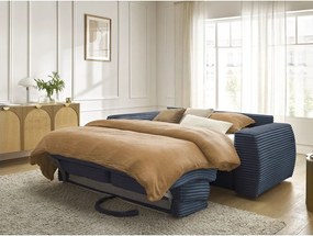 Canapea albastru-închis pentru dormitul zilnic/extensibilă cu tapițerie din catifea reiată 220 cm Hugo – Bobochic Paris