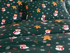 Set Lenjerie cocolino SNOWMAN AND GINGERBREAD verde + Cearsaf Cocolino microplus cu elastic SOFT 90x200 cm alb, pat single