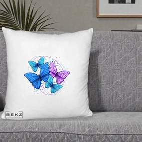 Perna Decorativa Patru Fluturi Turcoaz-Violet, 40x40 cm, Alb Pufos, Husa Detasabila, Perna Inclusa, BEKZ®