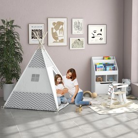 HOMCOM Cort Teepee Indian Cort de joacă pentru Copii în Stil Grafic - dim. 1,2L x 1,2l x 1,55H m - Ușă închisă Fereastră Covor Pernă Geantă Transport Inclusă - la Interior și Exterior Gri Alb | Aosom Romania