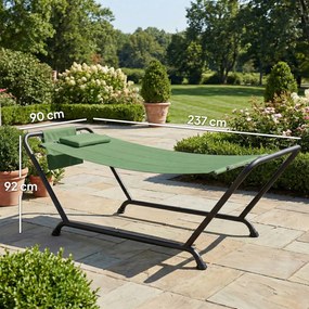 Outsunny Hamac de Exterior cu Suport, Hamac Autoportant cu Buzunar Lateral, Tetieră și Structură din Metal, Capacitate 150 kg pentru Grădină, Balcon, Terasă, 237 x 90 x 92 cm, Verde Închis | Aosom Romania