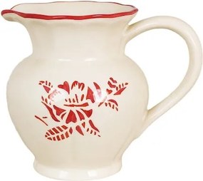 Carafă din ceramică artizanală, natur, cu motive florale pictate manual roșu și bordură decorativă, 15 cm, 1 l, „Marion"