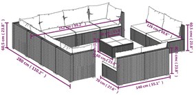 Set mobilier de gradina cu perne, 12 piese, negru, poliratan negru si albastru acvatic, 3x colt + 8x mijloc + masa, 1