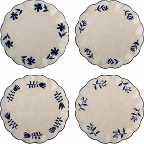 Set 4 farfurii din ceramică artizanală natur cu motive florale albastre pictate manual și margine albastră, 20,5×2 cm, "Eimy"