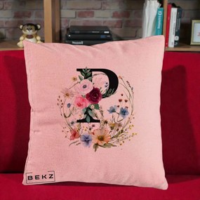 Cadou Personalizat - Perna Personalizata Monogram Litera P cu Flori Acuarela, 40x40 cm, Roz, Husa Detasabila, Perna Inclusa, BEKZ®