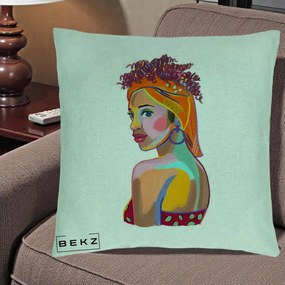Perna Decorativa Portret Femeie Colorat Pop Art, 40x40 cm, Verde Menta, Husa Detasabila, Perna Inclusa, BEKZ®