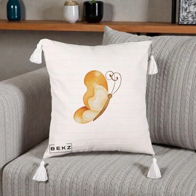 Perna Decorativa Fluture Acuarela Auriu, 40x40 cm, Bej cu Franjuri, Husa Detasabila, Perna Inclusa, BEKZ®