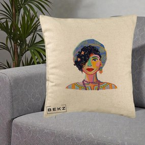 Perna Decorativa Portret Femeie Etnic Colorat, 40x40 cm, Bej, Husa Detasabila, Perna Inclusa, BEKZ®