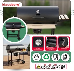 Gratar pe carbuni Klausberg KB 9033, Capac cu inchidere, Termometru, Suporturi laterale, Sertar pentru cenusa, Roti, Otel, Negru