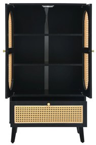 Comodă compactă, design din ratan, 2 uși, 1 sertar, 60×40×110,5 cm, Negru
