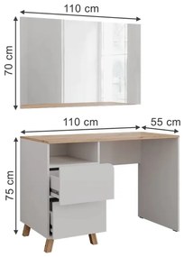 SEA913 - Set masă toaletă 110 cm pentru machiaj cu oglindă LED, opțiune cu sau fără scaun – Design modern și funcțional - Alb - Culoarea Stejar