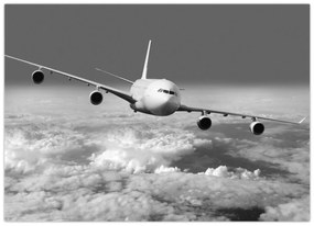 Tablou pe sticlă - Avion în nori, alb și negru (70x50 cm)