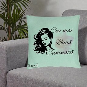 Cadou pentru Cumnata - Perna Personalizata Cea mai Buna Cumnata cu Silueta Dama si Pete Roz, 40x40 cm, Verde Menta, Husa Detasabila, Perna Inclusa, BEKZ®