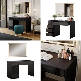 Masuta machiaj cu Oglinda LED si 5 Sertare pentru Cosmetice, Set Masa toaleta 120 cm, Negru, masuta cosmetica, vanity - SEN256