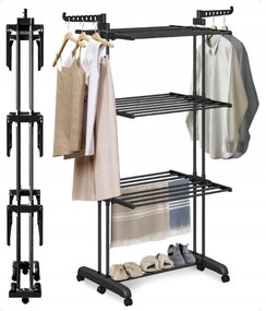 Suport vertical, pliabil, pentru uscat rufe, SU02CZ, negru, 3 niveluri, 6 brațe pliabile, sistem de rotație 360°, eCarla