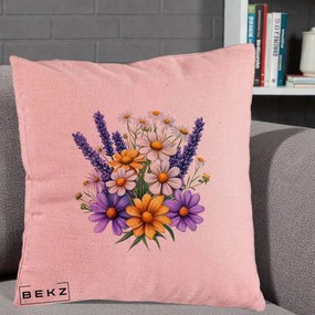 Perna Decorativa Lavanda Musetel si Flori Mov, 40x40 cm, Roz, Husa Detasabila, Perna Inclusa, BEKZ®