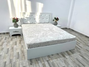 Set pat tapitat Milano, culoare alb, cu 2 noptiere Viena si saltea superortopedica lux 160 x 200 cm