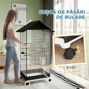 PawHut Colivie pentru Păsări, Volieră cu Tavă Detașabilă, Roți Pivotante și Hrănitoare, 79x65x155 cm, Negru | Aosom Romania