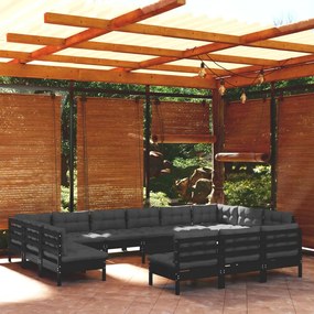 3097245 vidaXL Set mobilier grădină cu perne, 14 piese, negru, lemn masiv pin