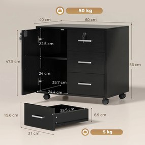 HOMCOM Dulap cu 3 Sertare, Poliță Reglabilă, Suport pentru Imprimantă și Lacăt, Negru | Aosom Romania